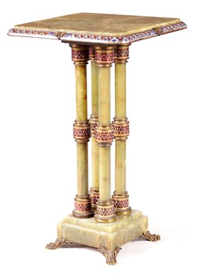 Lot 987 - A 19TH CENTURY GREEN ONYX AND CHAMPLEVE ENAMEL TABLE