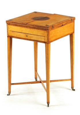 Lot 989 - A GEORGE III SHERATON SATINWOOD AND AMBOYNA INLAID WRITING TABLE