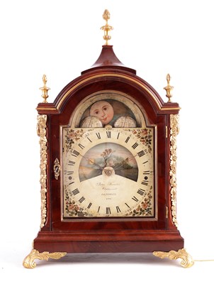 Lot 835 - JOHN THWAITES, CLERKENWELL, LONDRES 2445. AN UNUSUAL LATE 18TH CENTURY EIGHT DAY ROLLING MOON MAHOGANY BRACKET CLOCK WITH TWENTY-FOUR HOUR NIGHT AND DAY DIAL