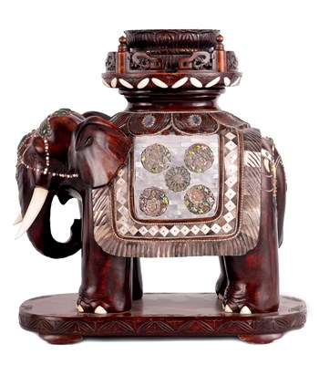 Lot 196 - A MEIJI PERIOD JAPANESE SHIBAYAMA AND CARVED WOOD FIGURE OF AN ELEPHANT