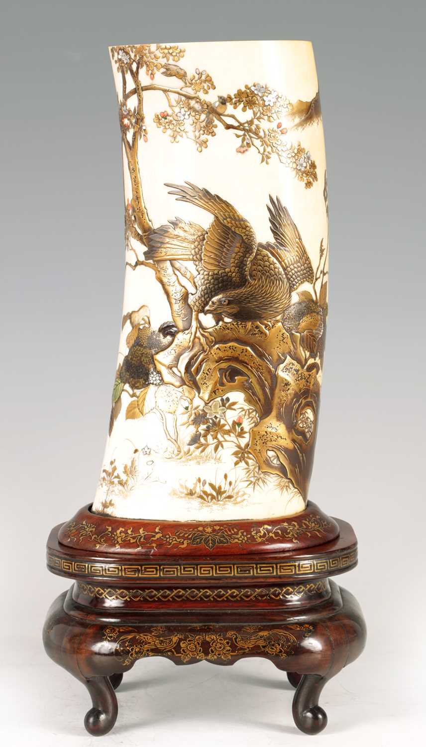 Lot 100 - A FINE MEIJI PERIOD JAPANESE SHIBAYAMA IVORY TUSK VASE