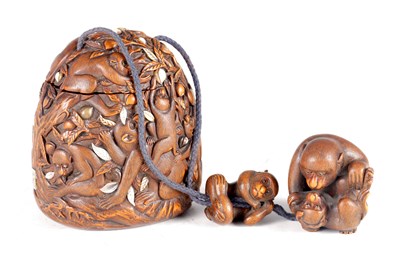 Lot 118 - A FINE MEIJI PERIOD JAPANESE CARVED BOXWOOD INRO DECORATED WITH MONKEYS