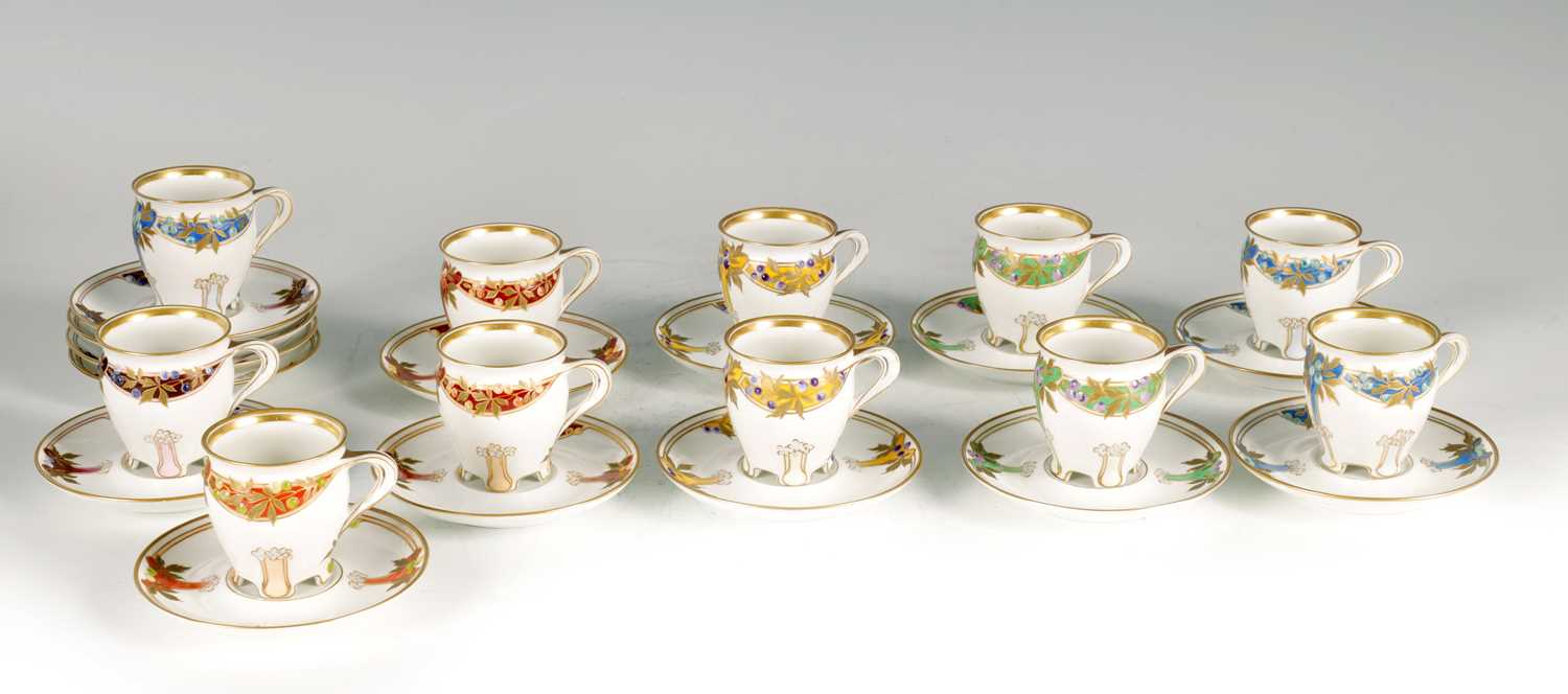 Lot 51 - A SET OF TEN ART NOUVEAU KPM PORCELAIN COFFEE CUPS AND SAUCERS