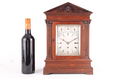 Lot 909 - A SMALL ENGLISH LATE 19TH CENTURY ROSEWOOD TRIPLE FUSEE EIGHT BELL QUARTER CHIMING BRACKET CLOCK