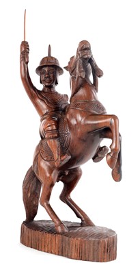Lot 105 - A CHINESE CARVED HARDWOOD FIGURE OF A GENERAL ON HORSE BACK