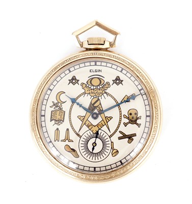 Lot 269 - A 10CT ROLLED GOLD MASONIC POCKET WATCH BY ELGIN NATIONAL WATCH CO. USA