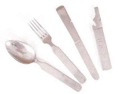 Lot 340 - A WW2 NAZI STEEL FIELD CUTLERY SET OF FORK, KNIFE, SPOON AND CAN OPENER