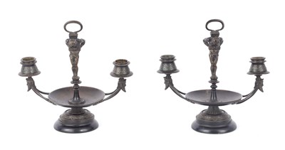Lot 569 - A PAIR OF LATE 19TH CENTURY BRONZE AESTHETIC PERIOD FIGURAL DOUBLE BRANCH CANDLESTICKS