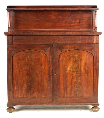 Lot 1279 - A LATE REGENCY FLAME MAHOGANY SIDE CABINET/CHIFFONIER