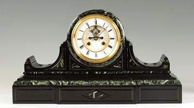 Lot 1397 - A LATE 19TH CENTURY FRENCH VERDI ANTICO AND BLACK MARBLE MANTEL CLOCK