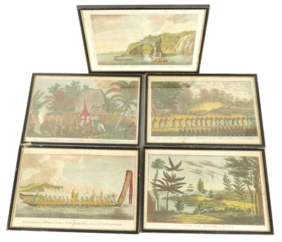 Lot 726 - A SET OF FIVE LATE 18TH/EARLY 19TH CENTURY HAND COLOURED COPPERPLATE CAPTAIN COOK ENGRAVINGS OF NEW ZEALAND