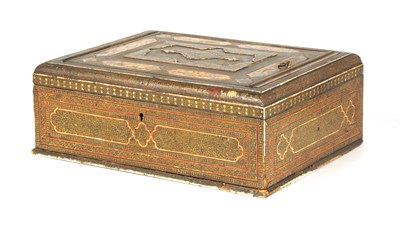 Lot 92 - A FINE 18TH CENTURY INDIAN MOSAIC, IVORY, MOTHER OF PEARL AND METALWORK INLAID BOX WITH ISLAMIC SCRIPT TO THE TOP