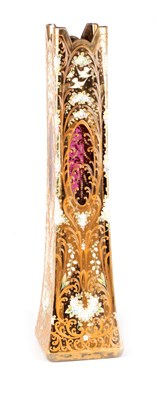 Lot 3 - A LARGE SLENDER EXHIBITION MOSER STYLE GILT AND ENAMEL GLASS VASE