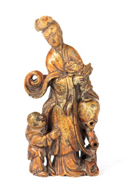 Lot 137 - A CHINESE CARVED SOAP STONE FIGURAL STATUE
