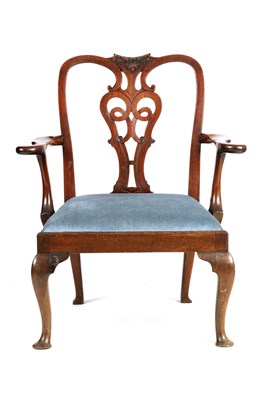 Lot 982 - A GEORGE II MAHOGANY DESK CHAIR OF GENEROUS PROPORTIONS