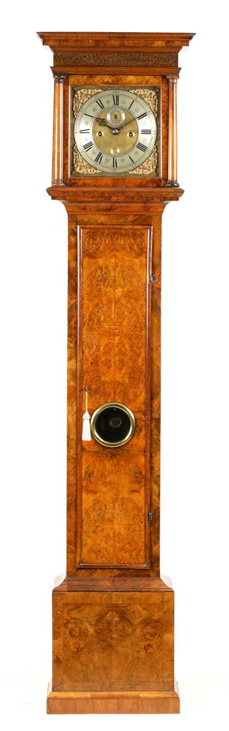Lot 953 - JOSEPH WINDMILLS, LONDON AN EARLY 18TH CENTURY 11” BRASS DIAL BURR WALNUT LONGCASE CLOCK