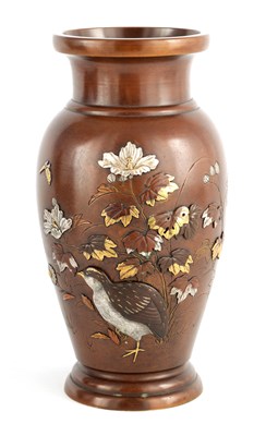 Lot 187 - A JAPANESE MEIJI PERIOD PATINATED BRONZE AND MIXED METAL VASE