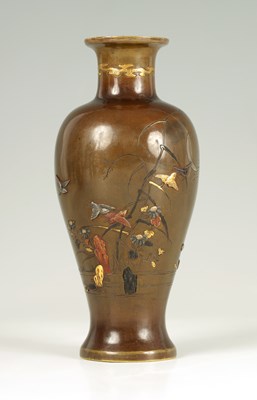 Lot 182 - A MEIJI PERIOD JAPANESE PATINATED BRONZE MIXED METAL VASE