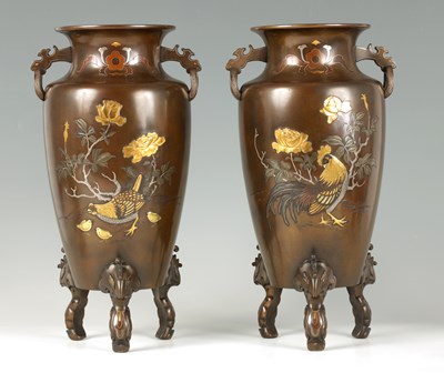 Lot 108 - A FINE PAIR OF MEIJI PERIOD BRONZE AND MIXED METAL COCKEREL VASES