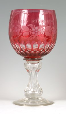 Lot 5 - A LARGE LATE 19TH CENTURY RUBY GLASS PRESENTATION GOBLET INSCRIBED JAMES MILLINGTON BY WEBB