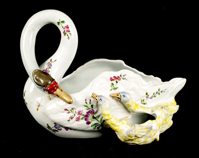 Lot 48 - A 19TH CENTURY EMILE GALLE FRENCH FAIENCE FLOWER BOWL MODELLED AS A SWAN WITH TWO SIGNETS