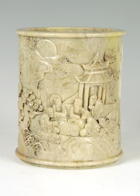 Lot 211 - A 19TH CENTURY CHINESE SOAPSTONE BRUSH POT