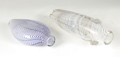 Lot 6 - A 19TH CENTURY NAILSEA TYPE BLUE STRIPED MILK GLASS FLASK