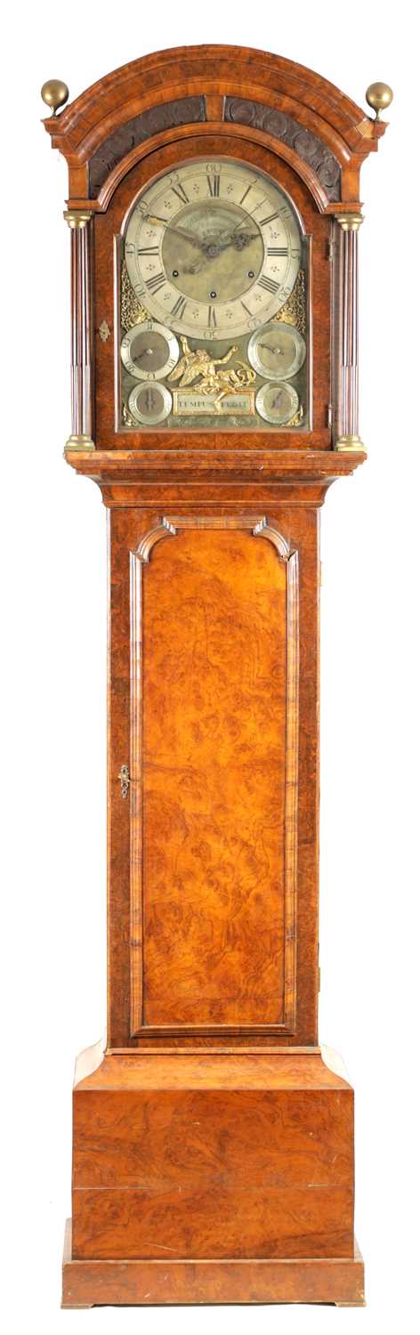 Lot 890 - RICHARD RAYMENT. ST. EDMUNDS BURY  A RARE GEORGE II BUR WALNUT MUSICAL LONGCASE CLOCK