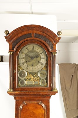 Lot 890 - RICHARD RAYMENT. ST. EDMUNDS BURY  A RARE GEORGE II BUR WALNUT MUSICAL LONGCASE CLOCK