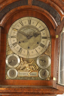 Lot 890 - RICHARD RAYMENT. ST. EDMUNDS BURY  A RARE GEORGE II BUR WALNUT MUSICAL LONGCASE CLOCK