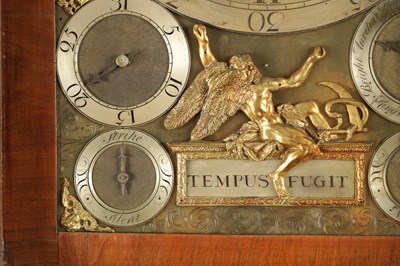 Lot 890 - RICHARD RAYMENT. ST. EDMUNDS BURY  A RARE GEORGE II BUR WALNUT MUSICAL LONGCASE CLOCK