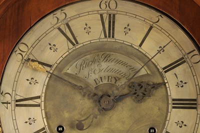 Lot 890 - RICHARD RAYMENT. ST. EDMUNDS BURY  A RARE GEORGE II BUR WALNUT MUSICAL LONGCASE CLOCK