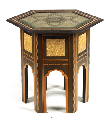 Lot 70 - AN EARLY 20TH CENTURY EASTERN ISLAMIC STYLE MOTHER OF PEARL INLAID HEXAGONAL SHAPED OCCASIONAL TABLE