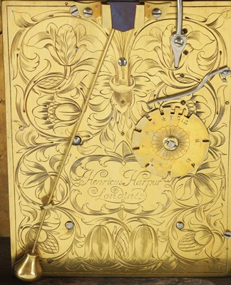 Lot 91 - HENRICUS HARPUR, LONDINI. A VERY EARLY CHARLES II EBONY VENEERED BASKET TOP TABLE CLOCK
