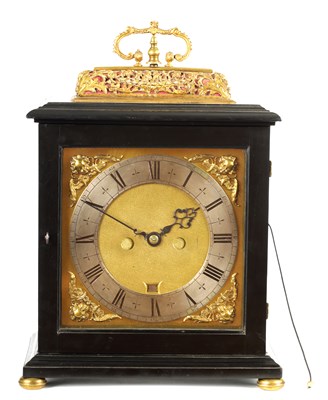 Lot 91 - HENRICUS HARPUR, LONDINI. A VERY EARLY CHARLES II EBONY VENEERED BASKET TOP TABLE CLOCK