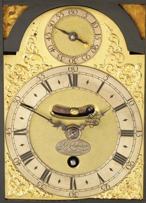 Lot 67 - DANIEL DELANDER, LONDON. A SMALL QUEEN ANNE EBONY VENEERED BRACKET TIMEPIECE WITH PULL QUARTER REPEAT