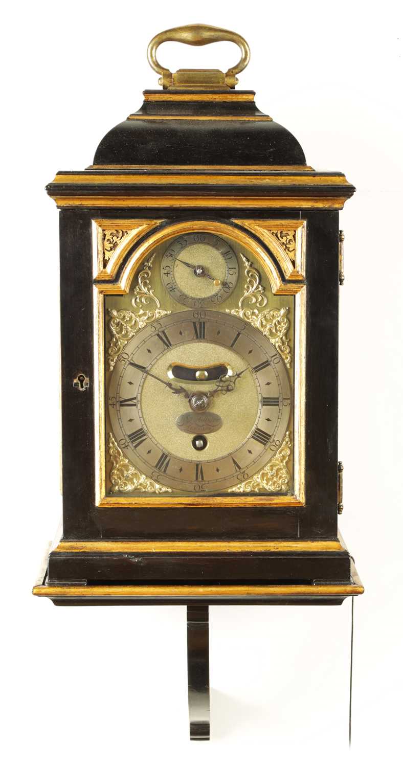 Lot 67 - DANIEL DELANDER, LONDON. A SMALL QUEEN ANNE EBONY VENEERED BRACKET TIMEPIECE WITH PULL QUARTER REPEAT