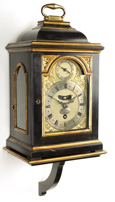 Lot 67 - DANIEL DELANDER, LONDON. A SMALL QUEEN ANNE EBONY VENEERED BRACKET TIMEPIECE WITH PULL QUARTER REPEAT