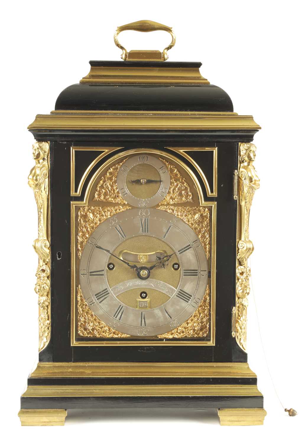 Lot 75 - WILLIAM THRELKELD, LONDON. A HIGH QUALITY GEORGE II ORMOLU MOUNTED EBONISED QUARTER CHIMING BRACKET CLOCK