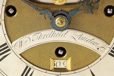 Lot 75 - WILLIAM THRELKELD, LONDON. A HIGH QUALITY GEORGE II ORMOLU MOUNTED EBONISED QUARTER CHIMING BRACKET CLOCK