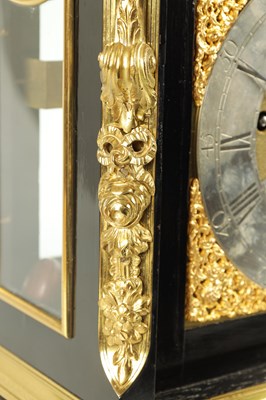 Lot 75 - WILLIAM THRELKELD, LONDON. A HIGH QUALITY GEORGE II ORMOLU MOUNTED EBONISED QUARTER CHIMING BRACKET CLOCK