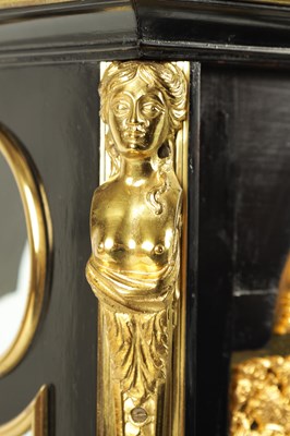 Lot 75 - WILLIAM THRELKELD, LONDON. A HIGH QUALITY GEORGE II ORMOLU MOUNTED EBONISED QUARTER CHIMING BRACKET CLOCK