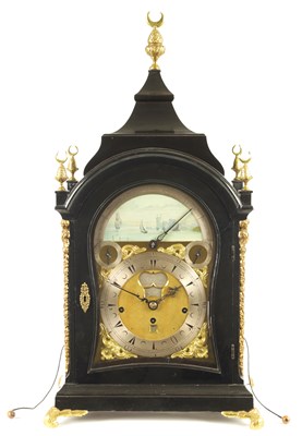 Lot 61 - CHARLES BOSLEY, LONDON. A GEORGE II ORMOLU MOUNTED EBONISED  MUSICAL BRACKET CLOCK WITH ORIGINAL WALL BRACKET