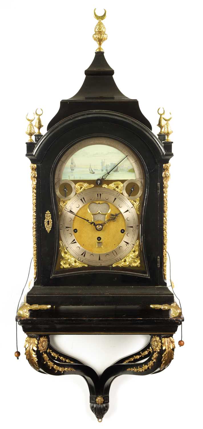 Lot 61 - CHARLES BOSLEY, LONDON. A GEORGE II ORMOLU MOUNTED EBONISED  MUSICAL BRACKET CLOCK WITH ORIGINAL WALL BRACKET