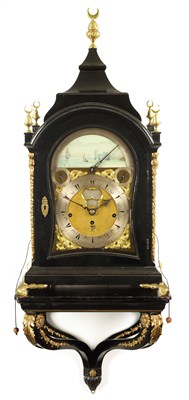 Lot 61 - CHARLES BOSLEY, LONDON. A GEORGE II ORMOLU MOUNTED EBONISED  MUSICAL BRACKET CLOCK WITH ORIGINAL WALL BRACKET
