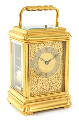 Lot 49 - ALFRED BAVEUX. A 19TH CENTURY OVERSIZED GILT BRASS GORGE CASE REPEATING CARRIAGE CLOCK