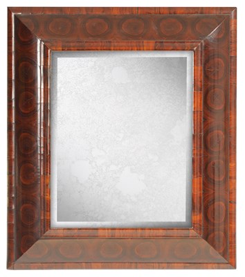 Lot 750 - A WILLIAM AND MARY OYSTER VENEERED CUSHION FRAMED HANGING MIRROR
