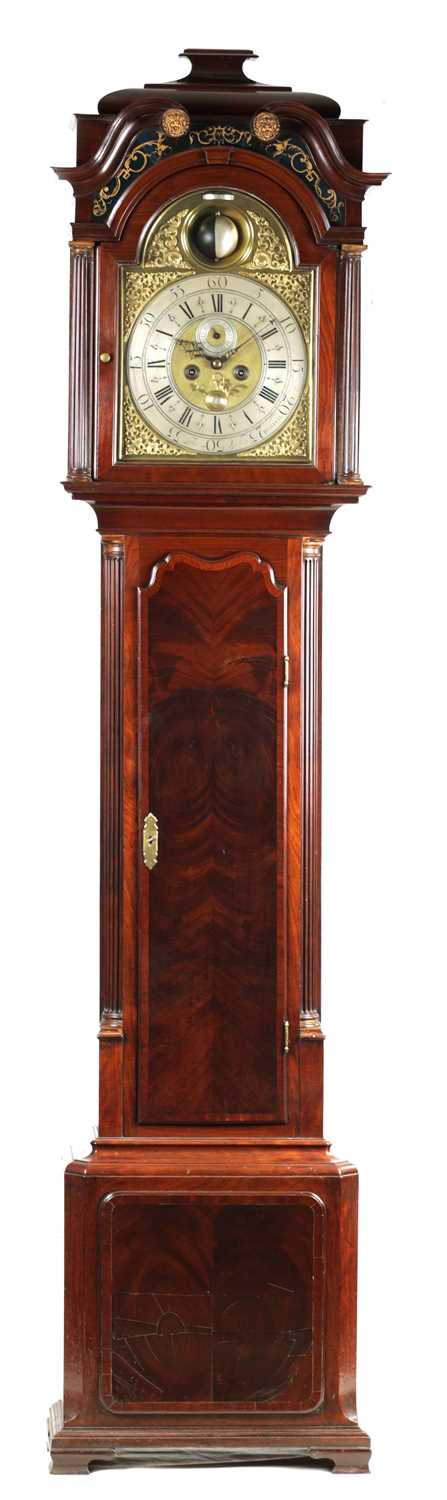 Lot 22 - THOMAS OGDEN, HALIFAX. A GEORGE II SPHERICAL BALL MOON MAHOGANY LONGCASE CLOCK