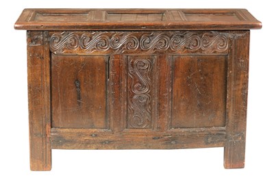 Lot 726 - A 17TH CENTURY JOINED OAK TRIPLE PANEL TOP COFFER OF SMALL SIZE