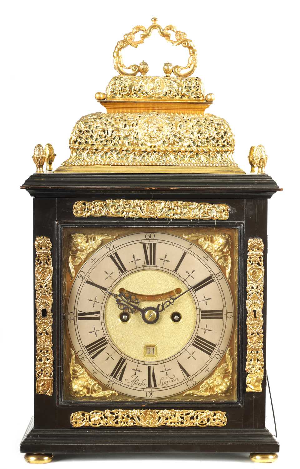 Lot 93 - STEPHEN ASSELIN, LONDON. A QUEEN ANNE ORMOLU MOUNTED EBONY VENEERED QUARTER REPEATING TABLE CLOCK